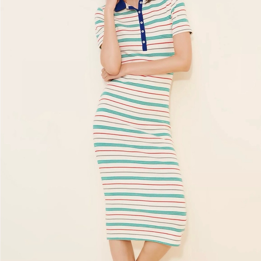 Striped Polo Collar Midi Dress